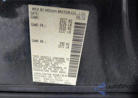 2017 Nissan Altima 2.5 S z USA, uszkodzony, nr VIN 1N4AL3AP7HN308764